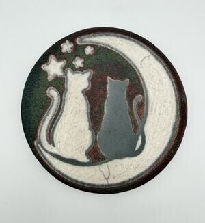 Jeremy Diller Raku Pottery Black & White Cats on the Moon Coaster 4.25” Signed